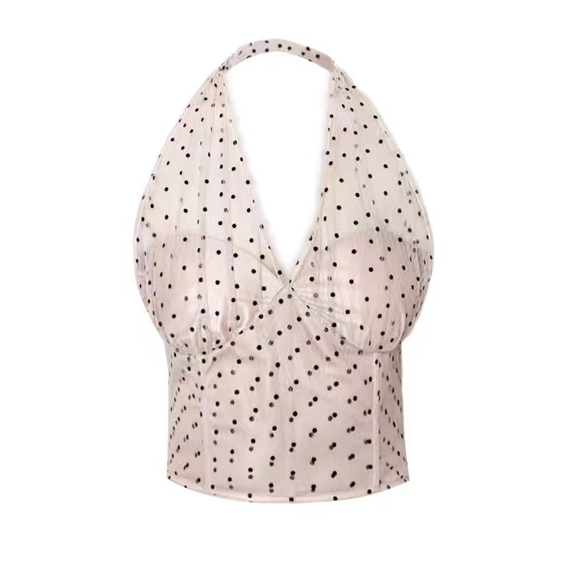Polka Dot Mesh Fishbone Top Halter Bottom Design Slim Sling