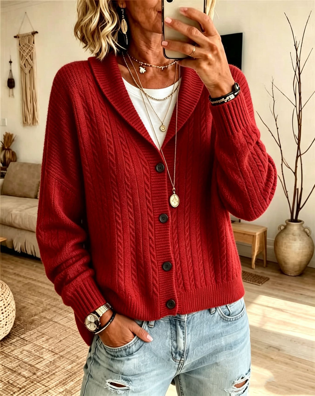 Cardigan à câbles en lapel de couleur solide