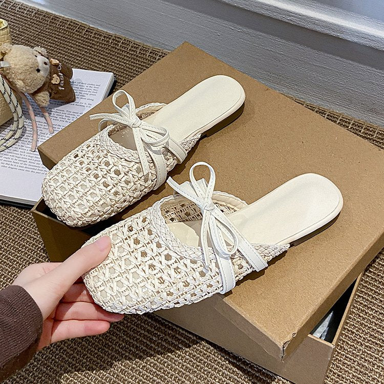 Femmes de style français Appartement orteil fermé Mules Summer Outdoor Hollow Roman Sandales Woven Gorge
