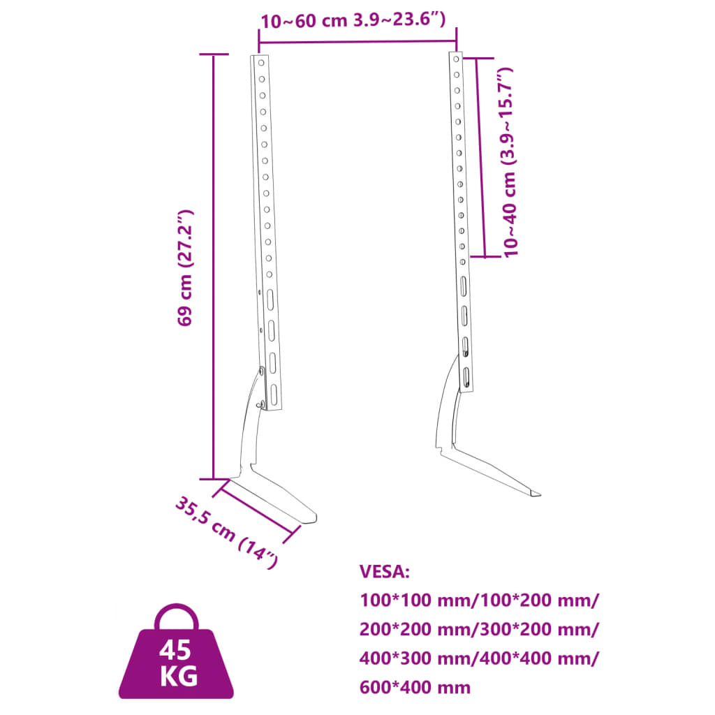 Support TV, 2 pièces, pour écrans 32-75 pouces, Max VESA 600x400mm, 45kg