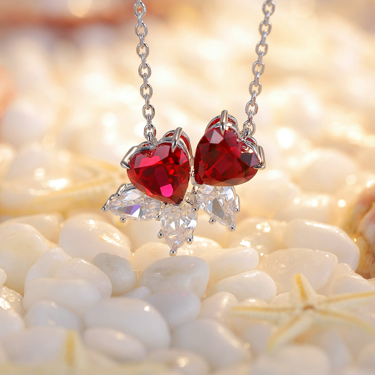 S925 Argent 4.1g Double Coeur Lab-Created Gemstone Collier