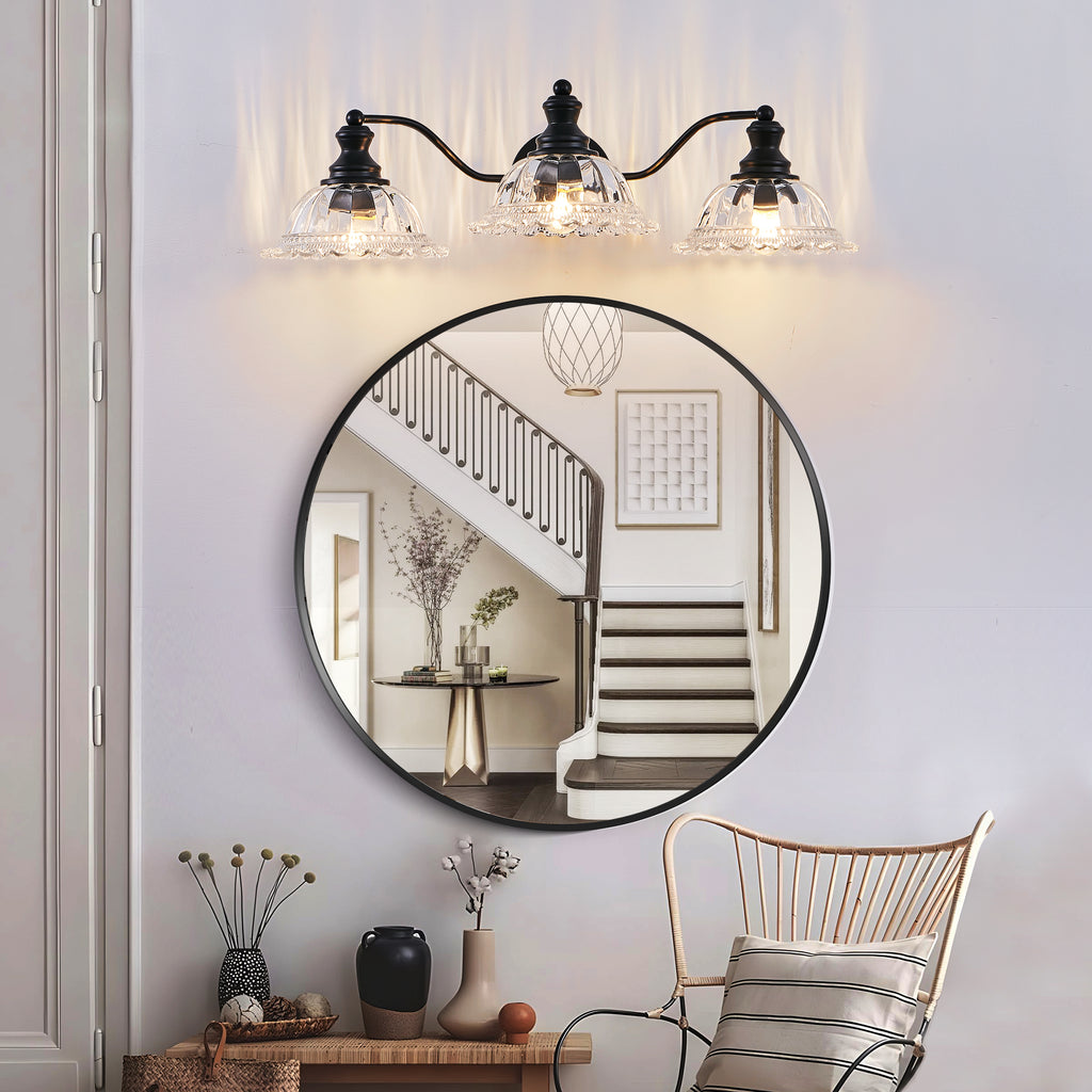 24 pouces 3-Light Vintage salle de bain mur sconce élégant noir métal et verre abat-jour Vanit
