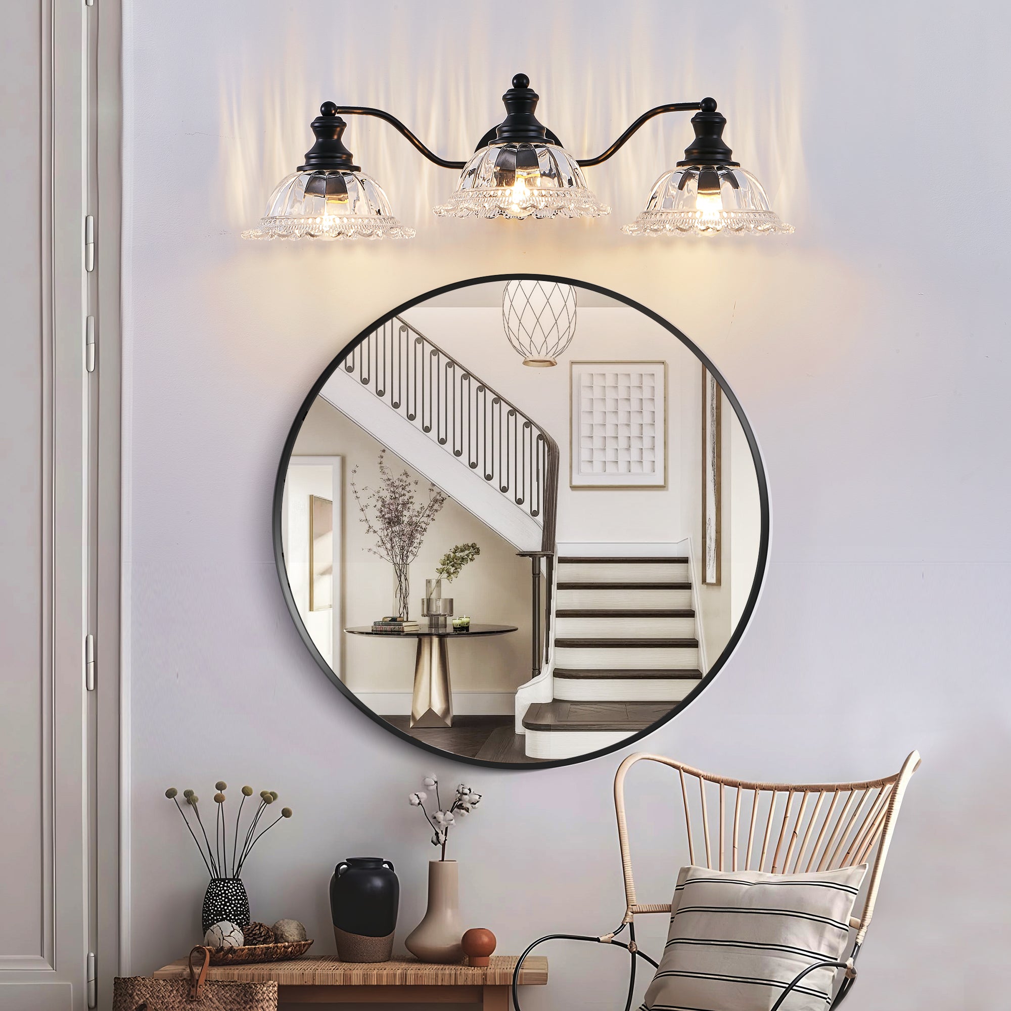 24 pouces 3-Light Vintage salle de bain mur sconce élégant noir métal et verre abat-jour Vanit
