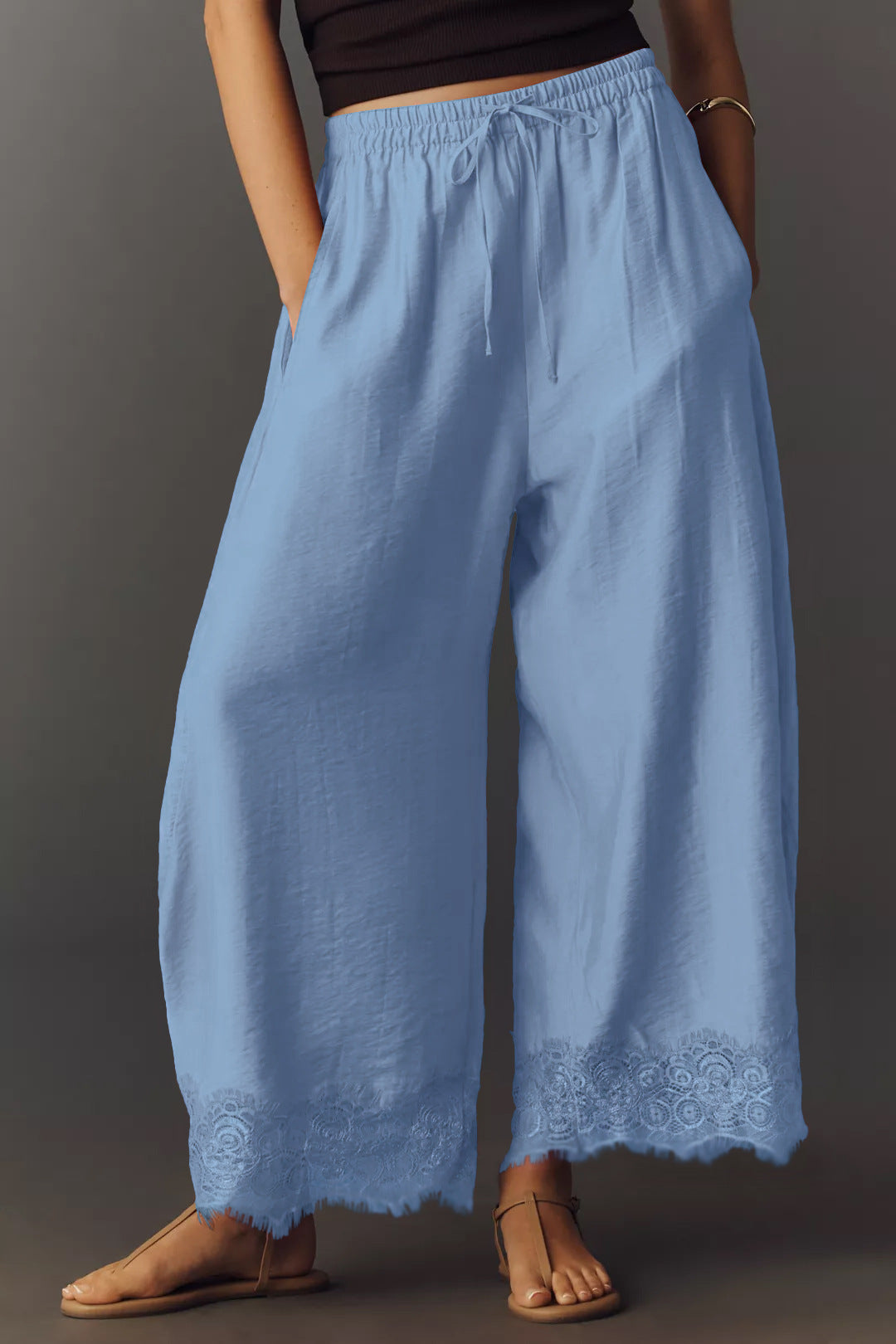 Women's Lace Paneled Wide-Leg Pants with a Burnt Hem