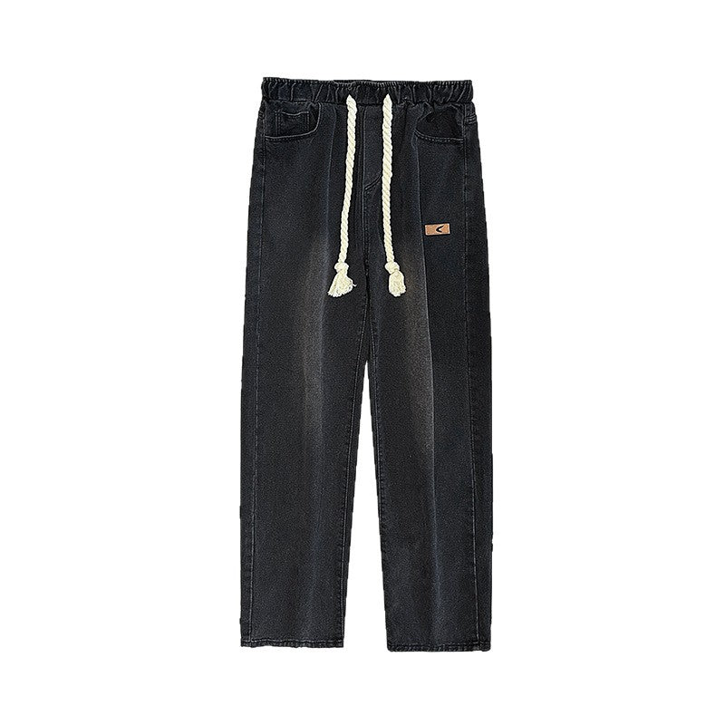 Hommes Elastic-waist Drawstring Jeans Loose-fit Straight-leg Style