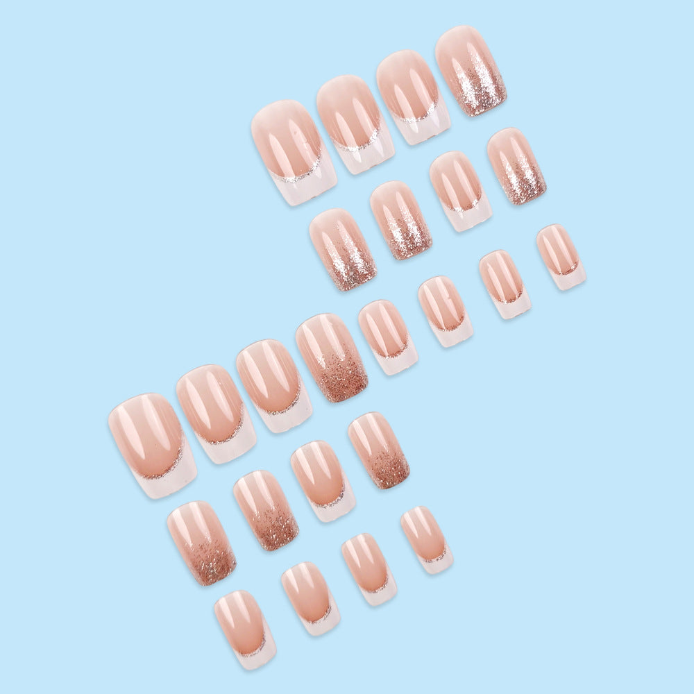 24-pièces Short Coffin-style White-edge French Pressing Nail Glitter Gradient Nail acrylique