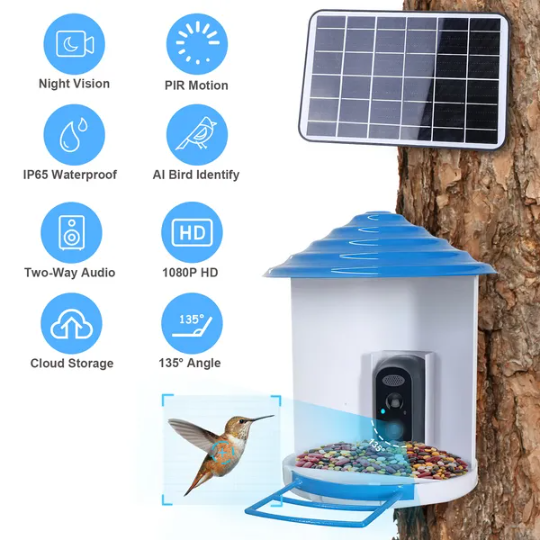 Smart Bird Feeder avec caméra solaire 1080P HD AI identifier PIR Motion Auto Capture V