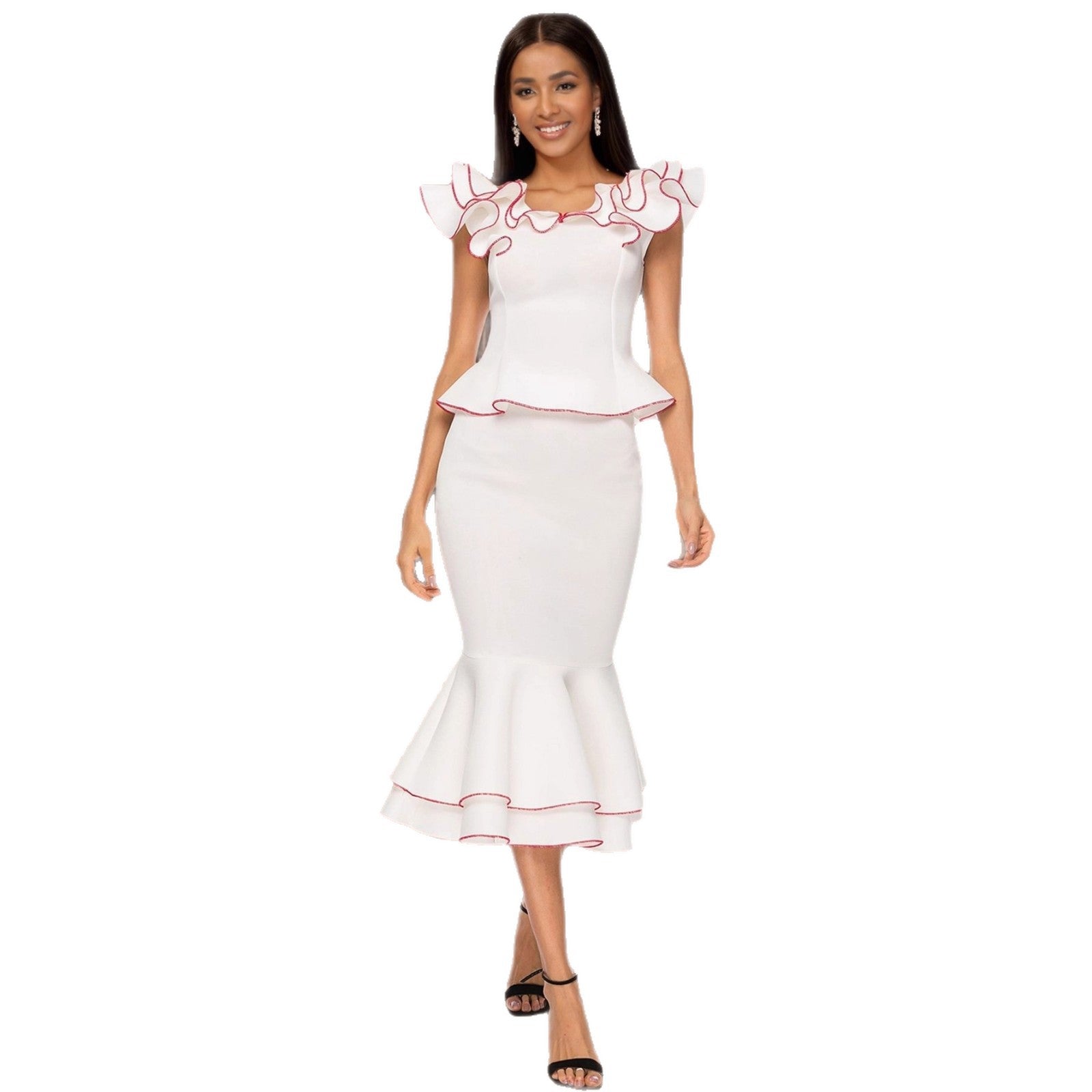 Femmes Ruffled Contrast Couleur Top Tempérament Slim Fishtail Jupe costume