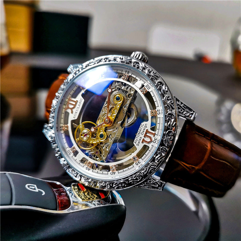 Montre mécanique automatique hommes double face Hollow étanche