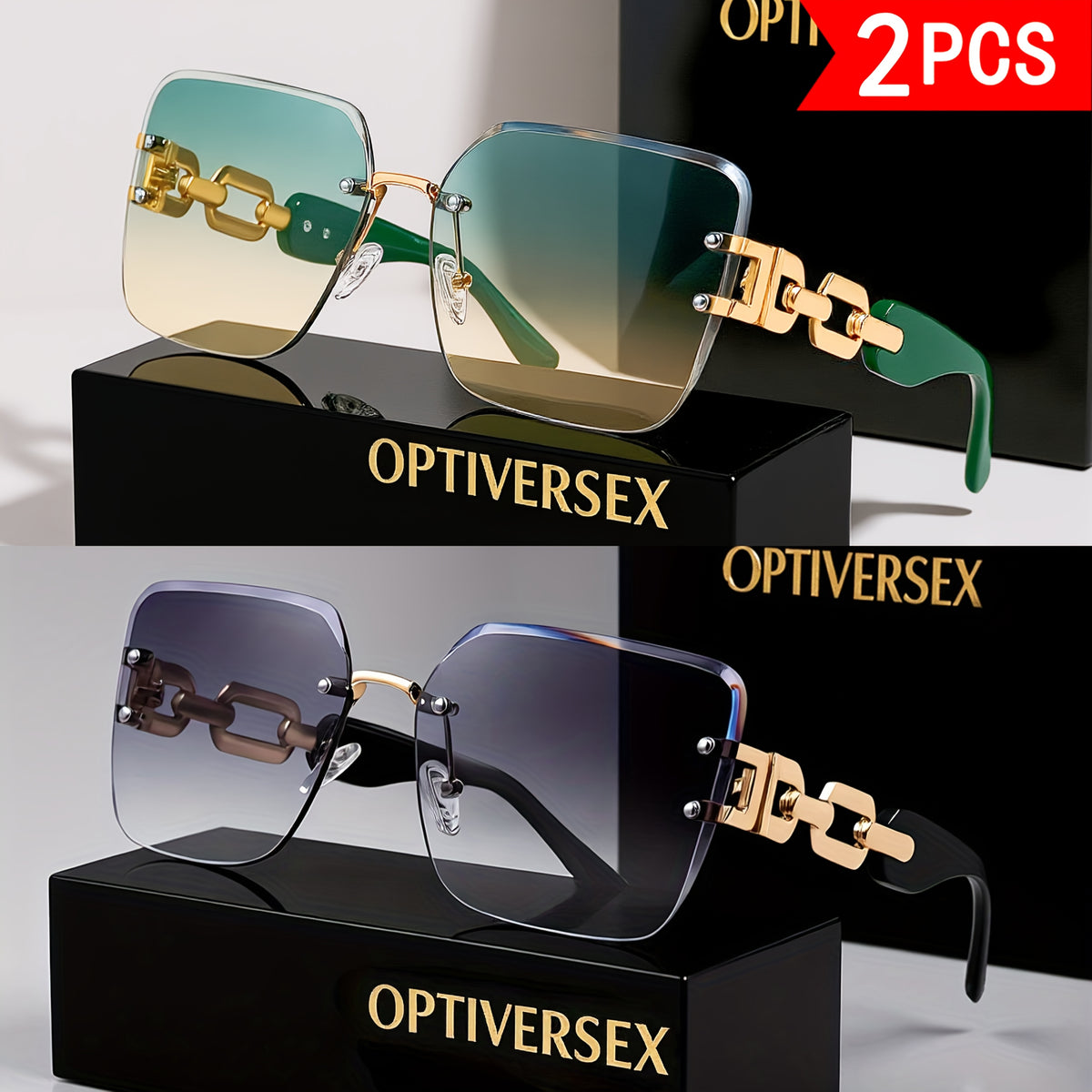Lunettes de soleil carrées sans cadre 2 PCS pour dames