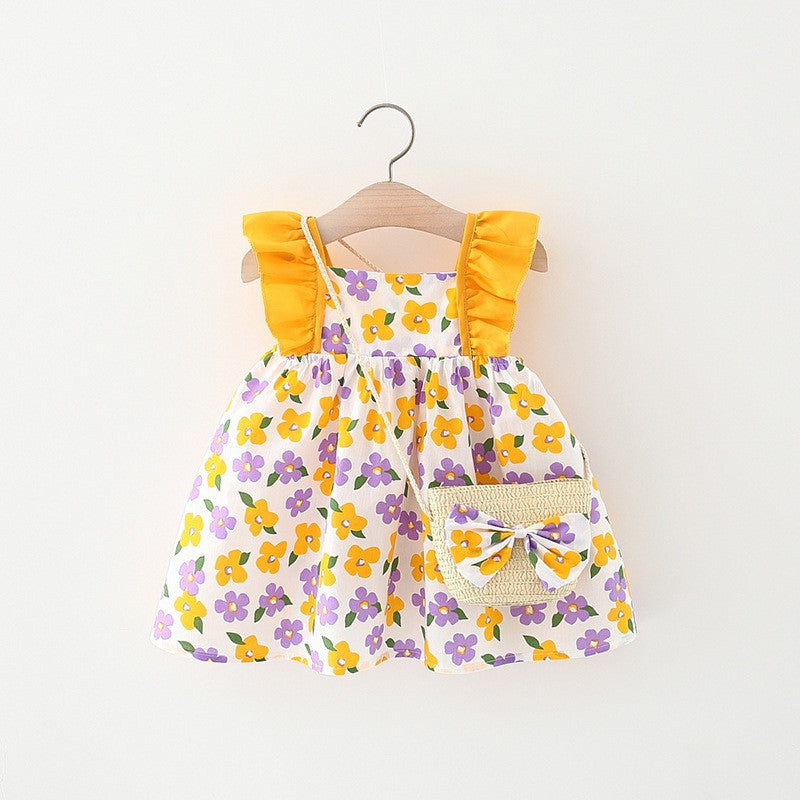 Bébé fille Flounced Sleeve Robe Gratuit Bamboo Panier Satchel