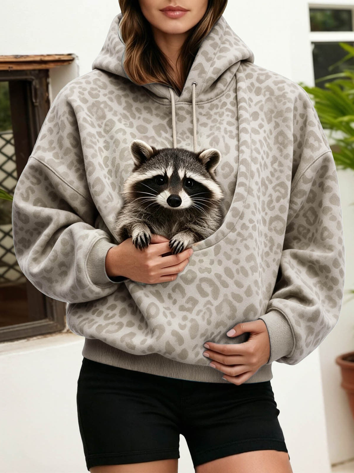 Autumn European and American Leopard Print Pet Hoooded Oversized Drawstring Pu à manches longues