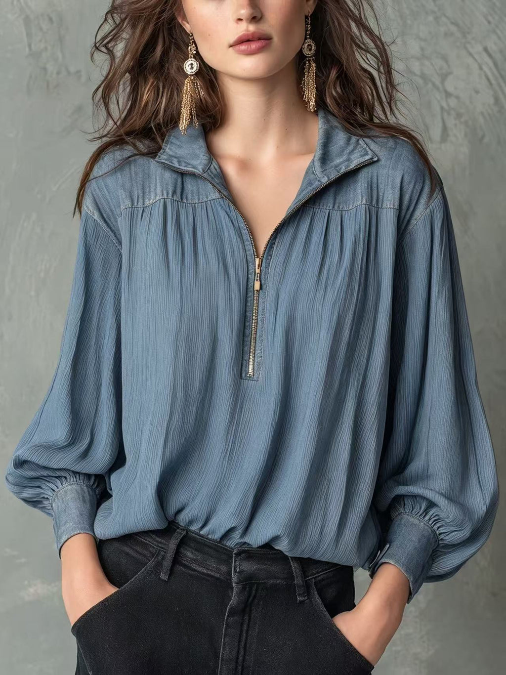 Chemise casual femme à manches longues avec une fermeture éclair et manches de puff