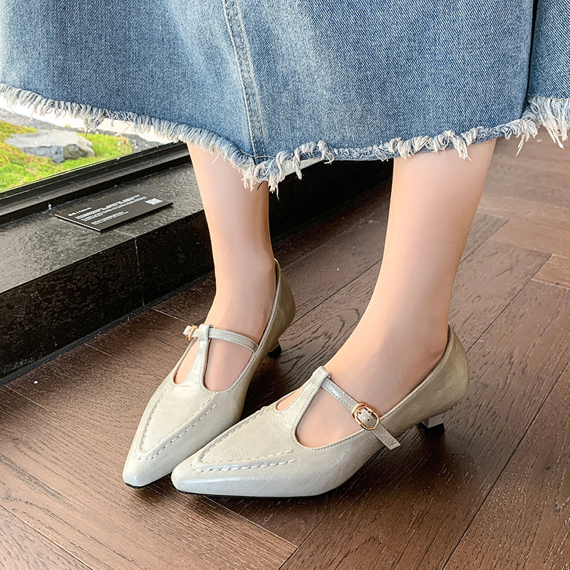 Women's Vintage French Riveted Leather Kitten Heel Pumps