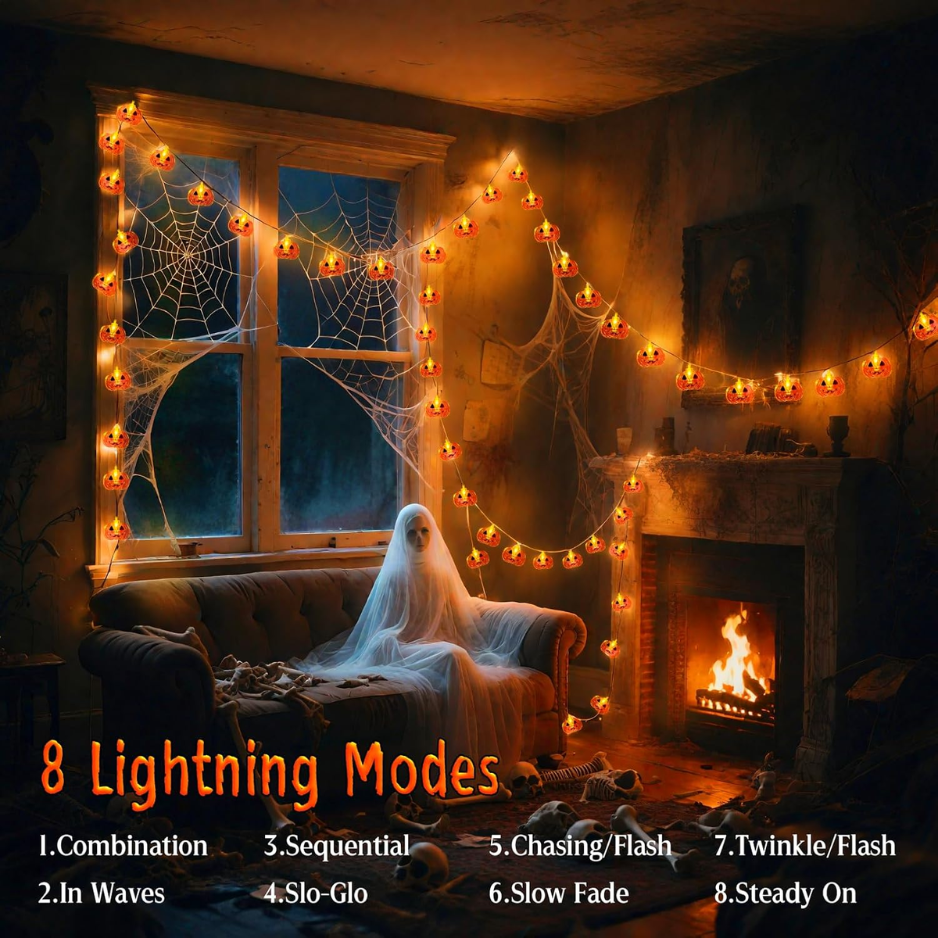 Lumières d'Halloween Lumières de potiron 10FT 20LED avec minuterie 8 modes Batterie utilisée dehors intérieur