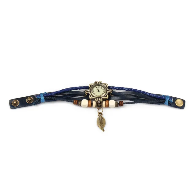 Beau style bohème rétro en cuir fait main Leaf Femmes Montres Bleu