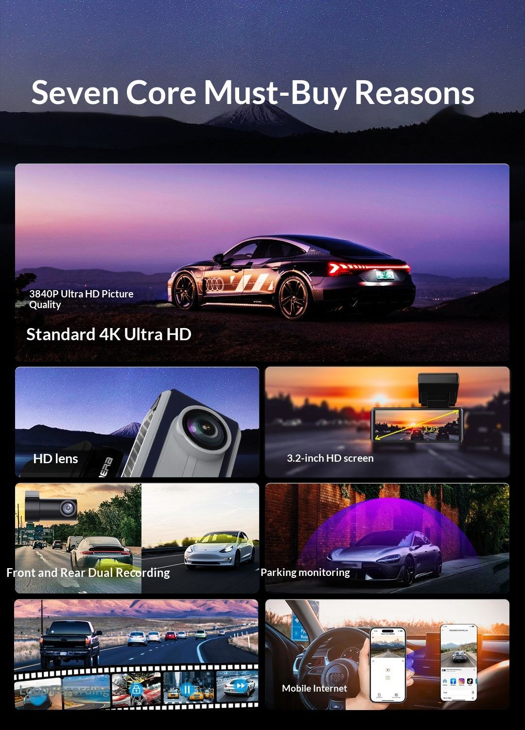 Double caméra haute définition 4K voiture Dashcam avec fonction d'enregistrement