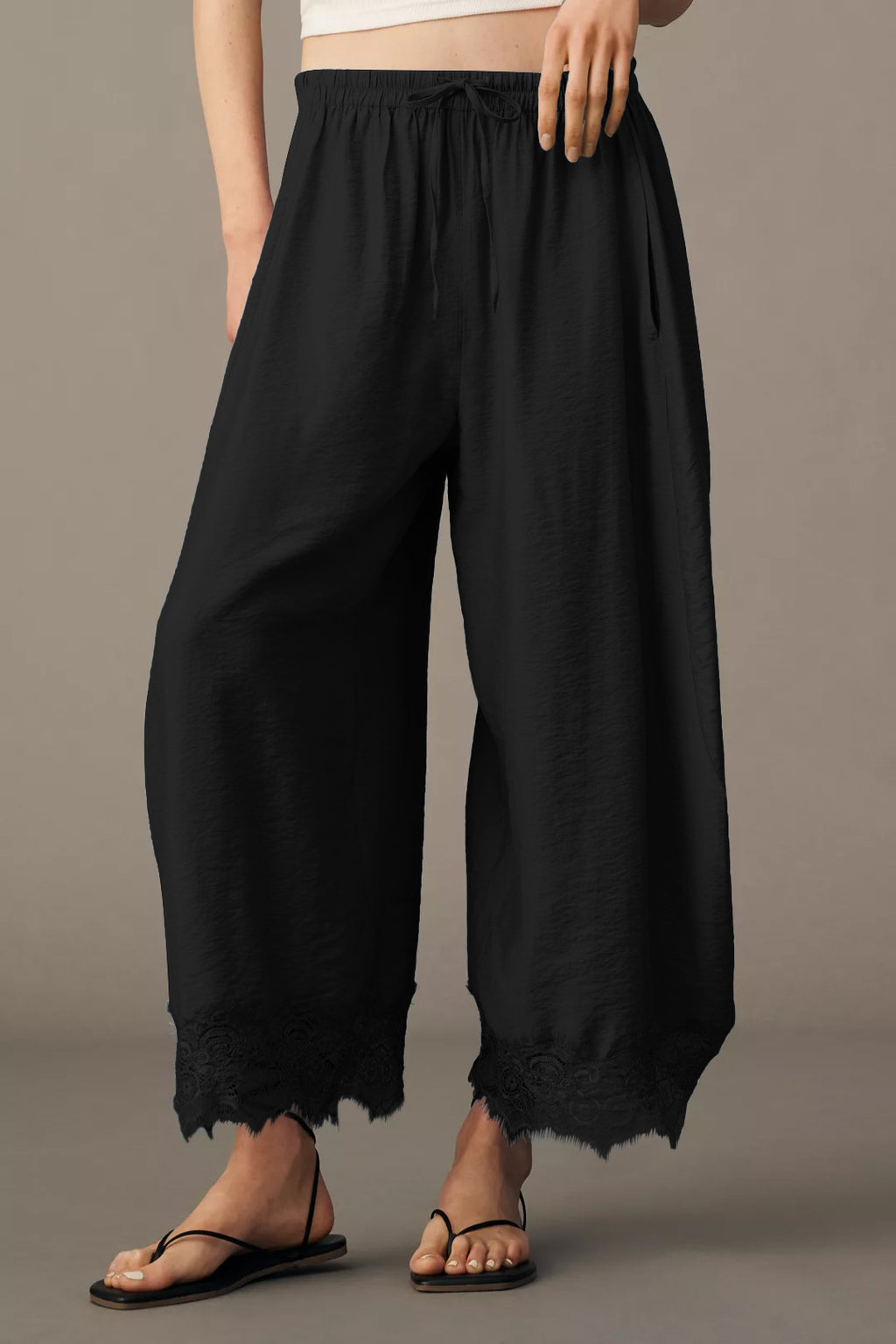 Women's Lace Paneled Wide-Leg Pants with a Burnt Hem