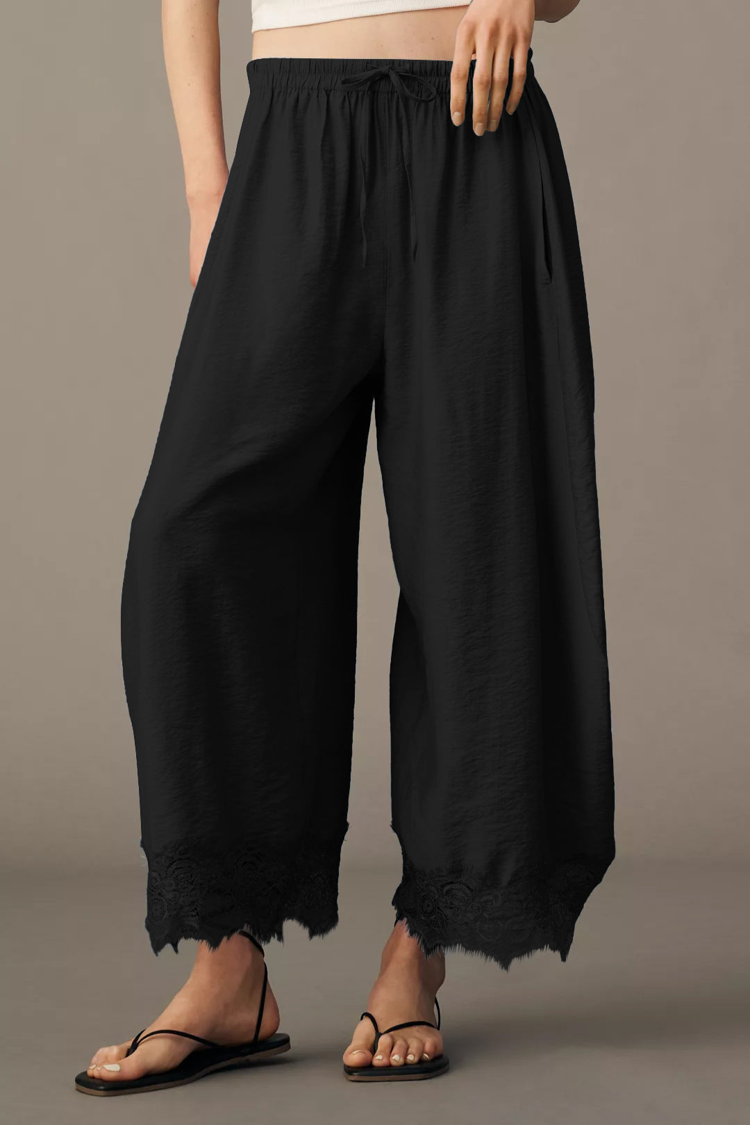Women's Lace Paneled Wide-Leg Pants with a Burnt Hem