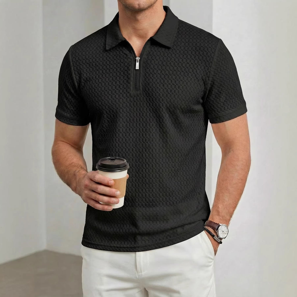 Manche courte pour hommes Lapel Zipper Plaid Jacquard
