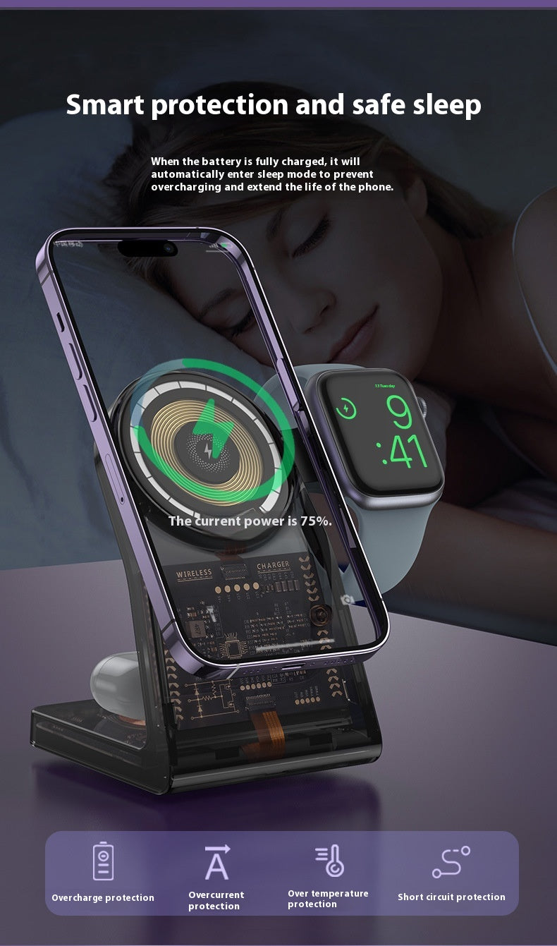 Support magnétique électrique transparent pour chargeur sans fil trois en un