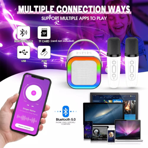 Haut-parleur Bluetooth Mini Karaoké pour enfants portables avec 2 microphones sans fil pour garçons