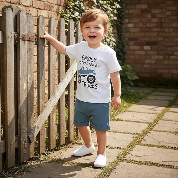 Baby Car Print Short-Sleeve Solid Color Shorts Casual Set