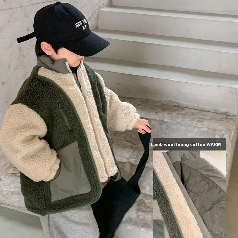 Lambswool Splicing Coat Coréen Style enfants chaud épais