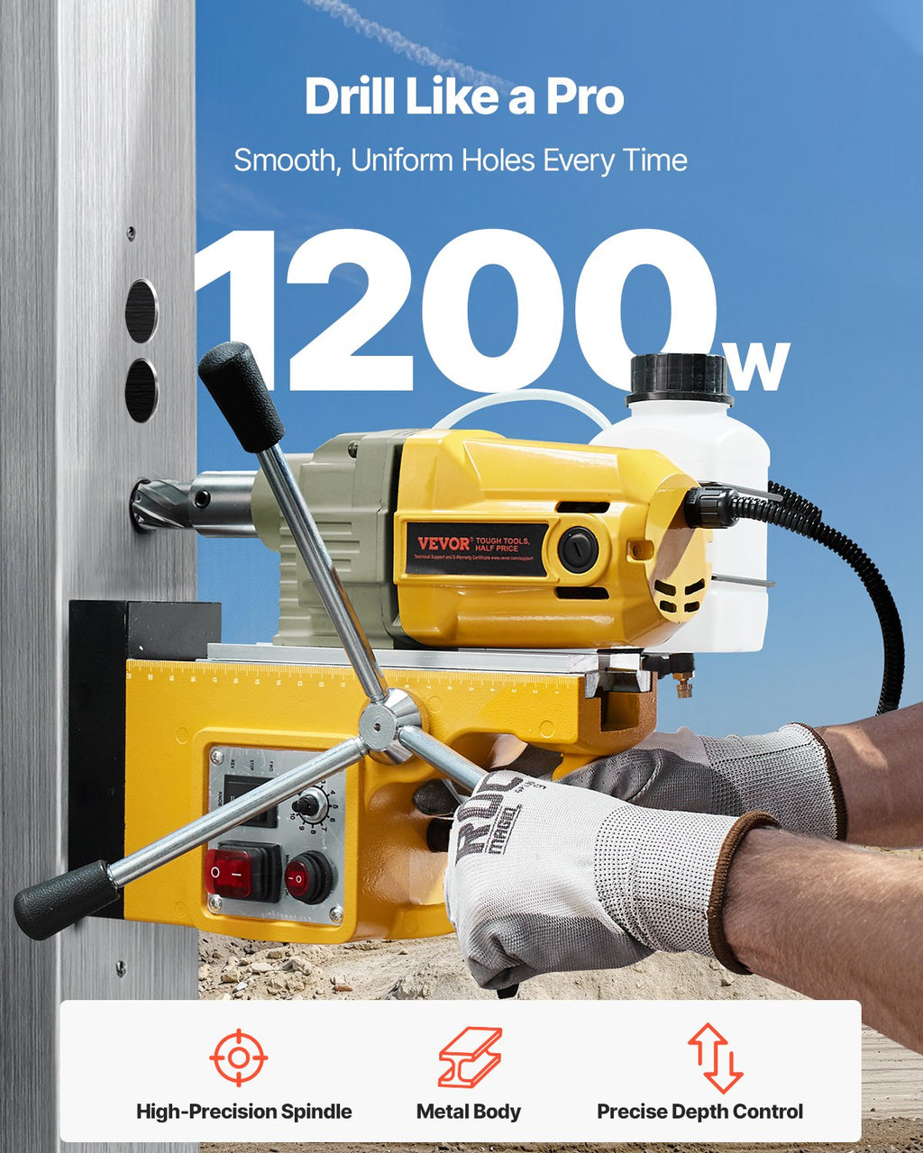 Perceuse magnétique 1200W 2810 Lbf Mag Perceuse presse 1.6 Dans le diamètre de l'ennui jaune