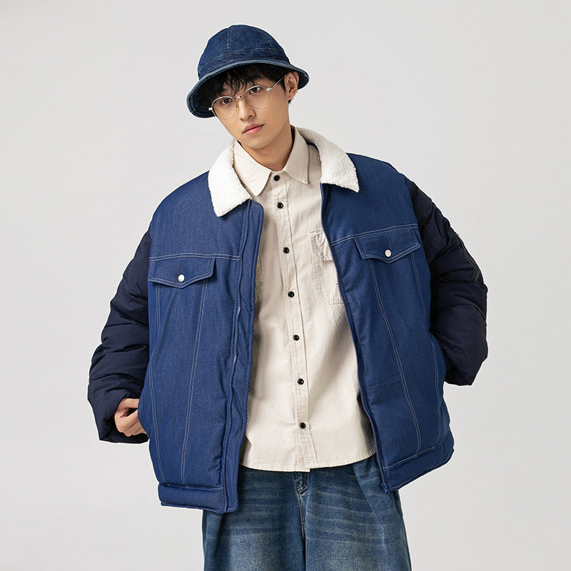 American Retro Patchwork Denim épaissi coton manteau rembourré hommes
