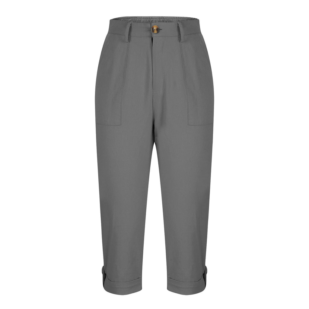 Vêtements de travail en couleur solide pour femmes Pantalons taille bouton Pantalons oreille Design Pantalons de jambes courbés pour femmes