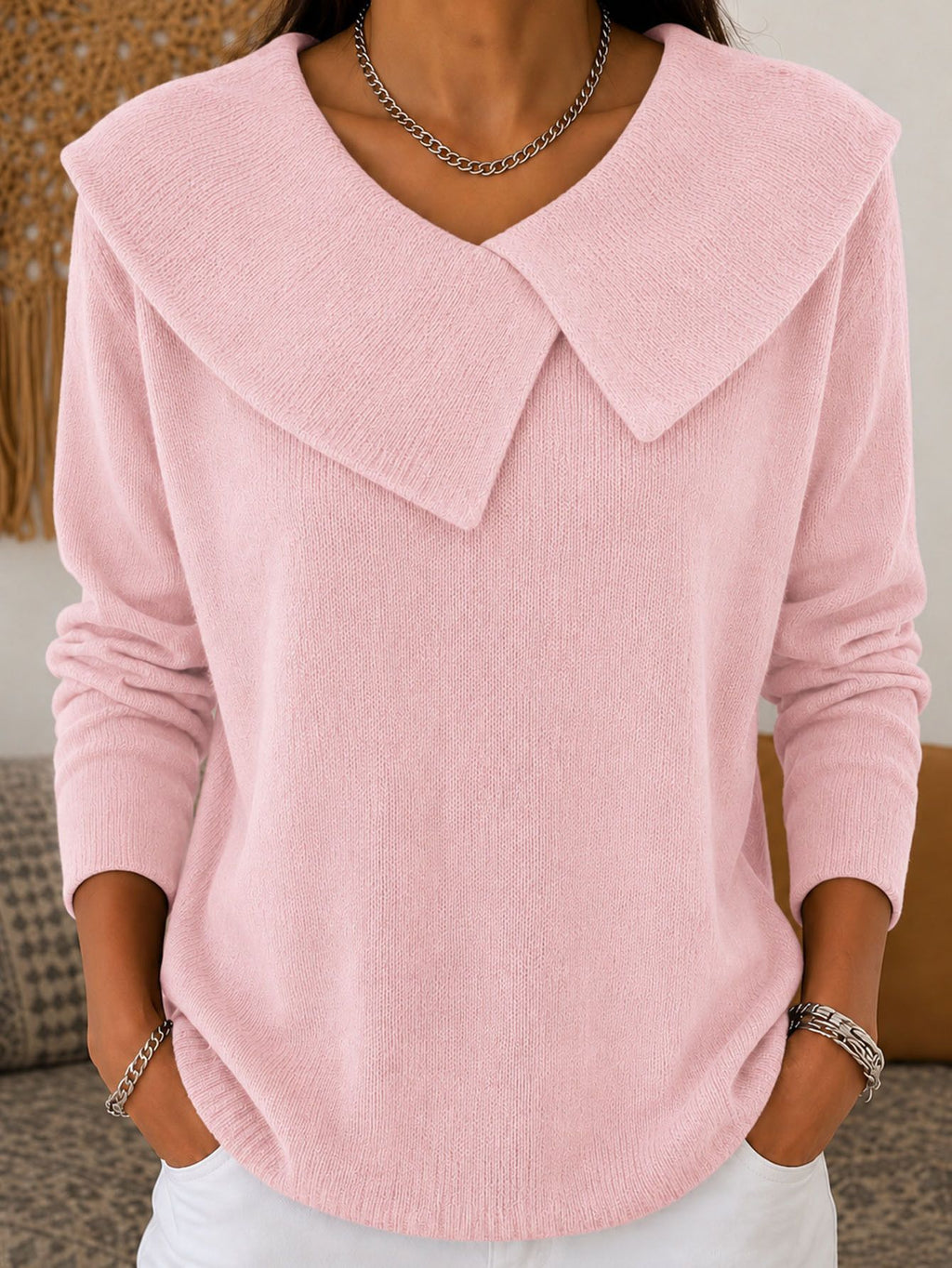 Slim-fit col V Sweater Versatile Solid-color Knit Top