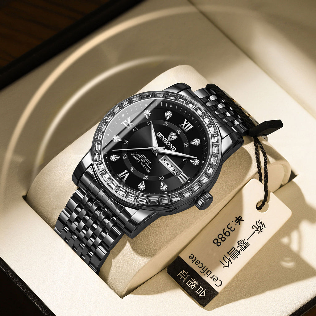 Business Diamant-embeded Montre mécanique double calendrier étanche