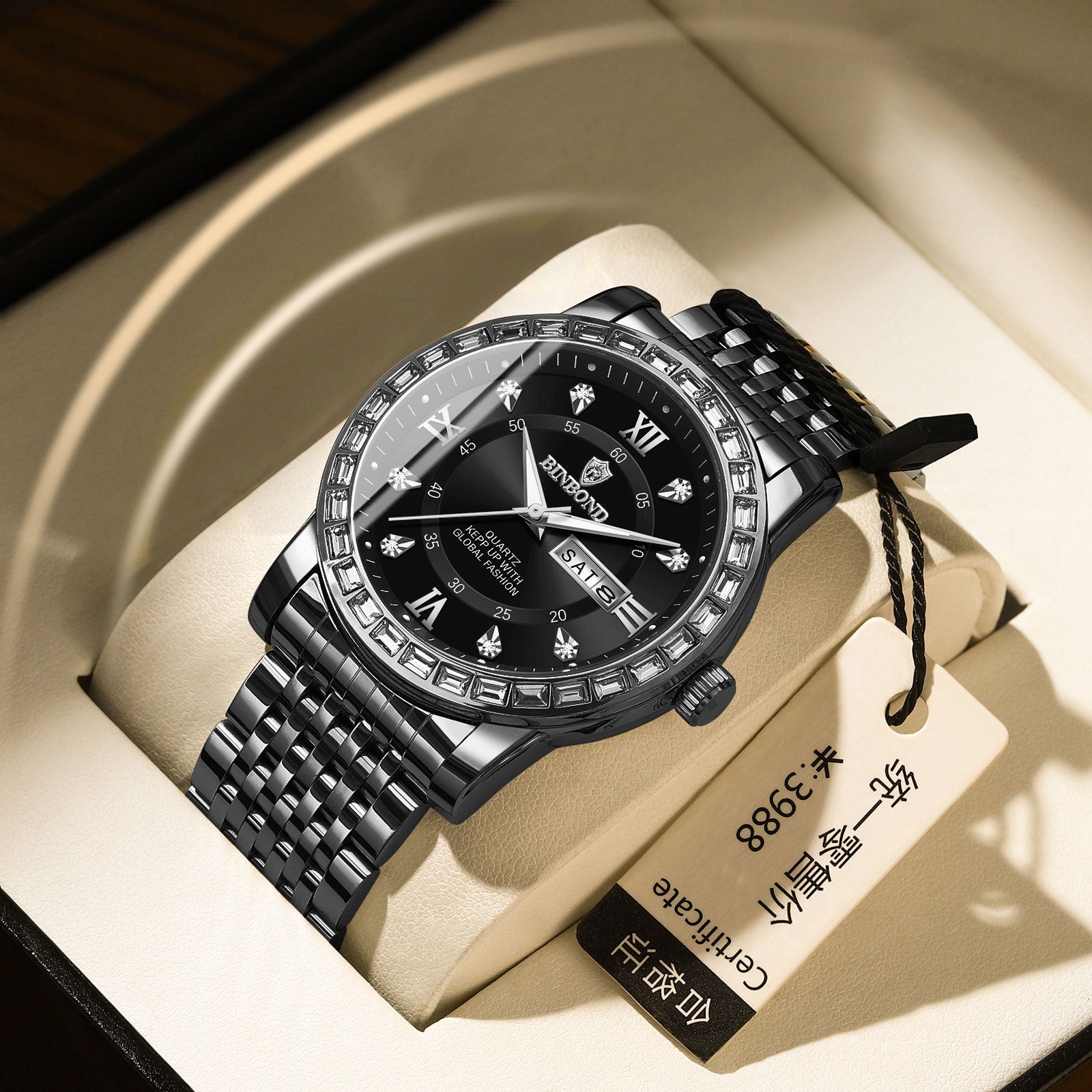 Business Diamant-embeded Montre mécanique double calendrier étanche