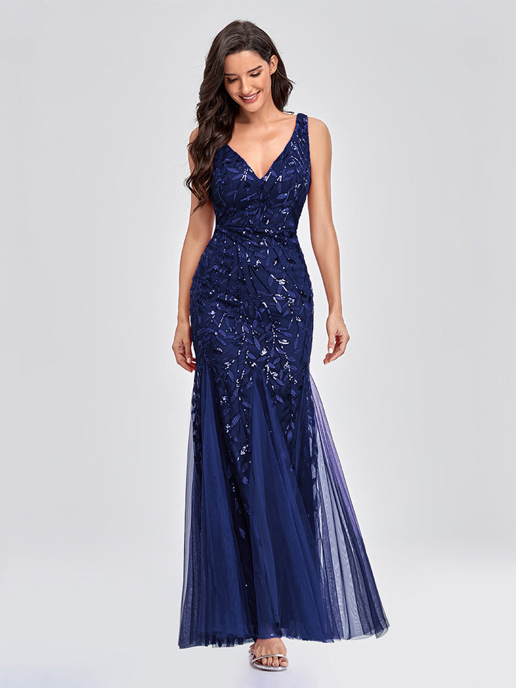 Robe de soirée européenne et américaine Col V Tulle Brodé Paillettes Sexy Sirène Prom Dre