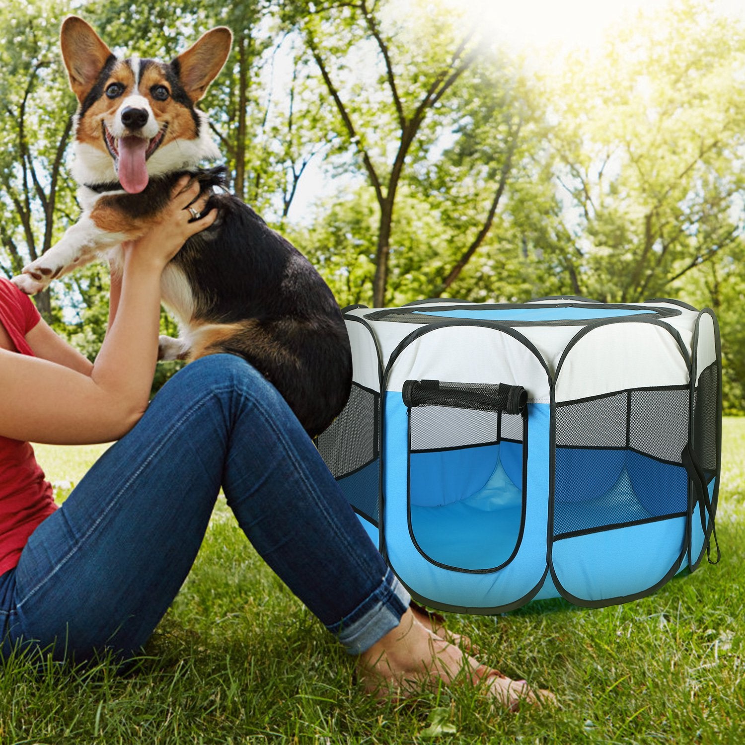 Pink-Blue Options -- 1Pc portable pliable de tente pour animaux de compagnie Pen d'exercice Kennel Zipper amovible T