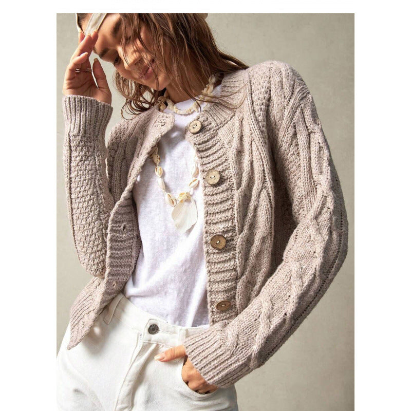 Cable-knit Cardigan Femmes Col d'équipage Veste de sweater courte