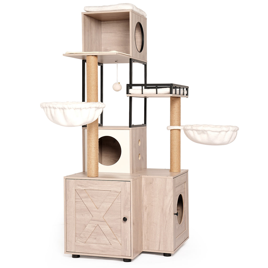 Arbre à chat multifonctionnel de 63" avec boîte à litière - Comprend un coussin lavable amovible