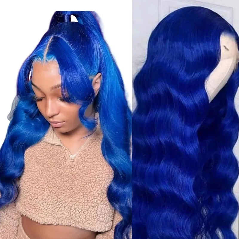 Coiffure mi-longueur femme bleu foncé Big Wavy cheveux bouclés couverture de cheveux devant dentelle