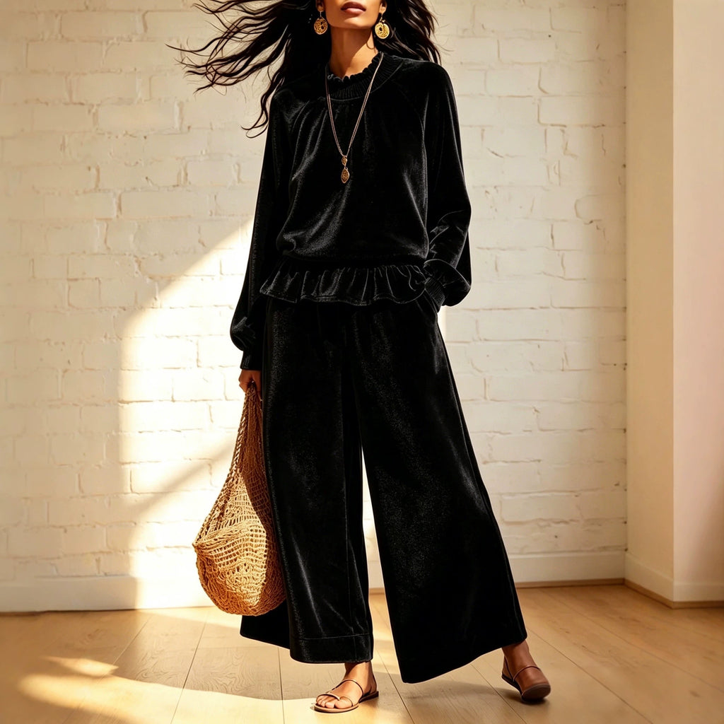 Fashionable femmes Casual Top et large-leg Pantalons ensemble