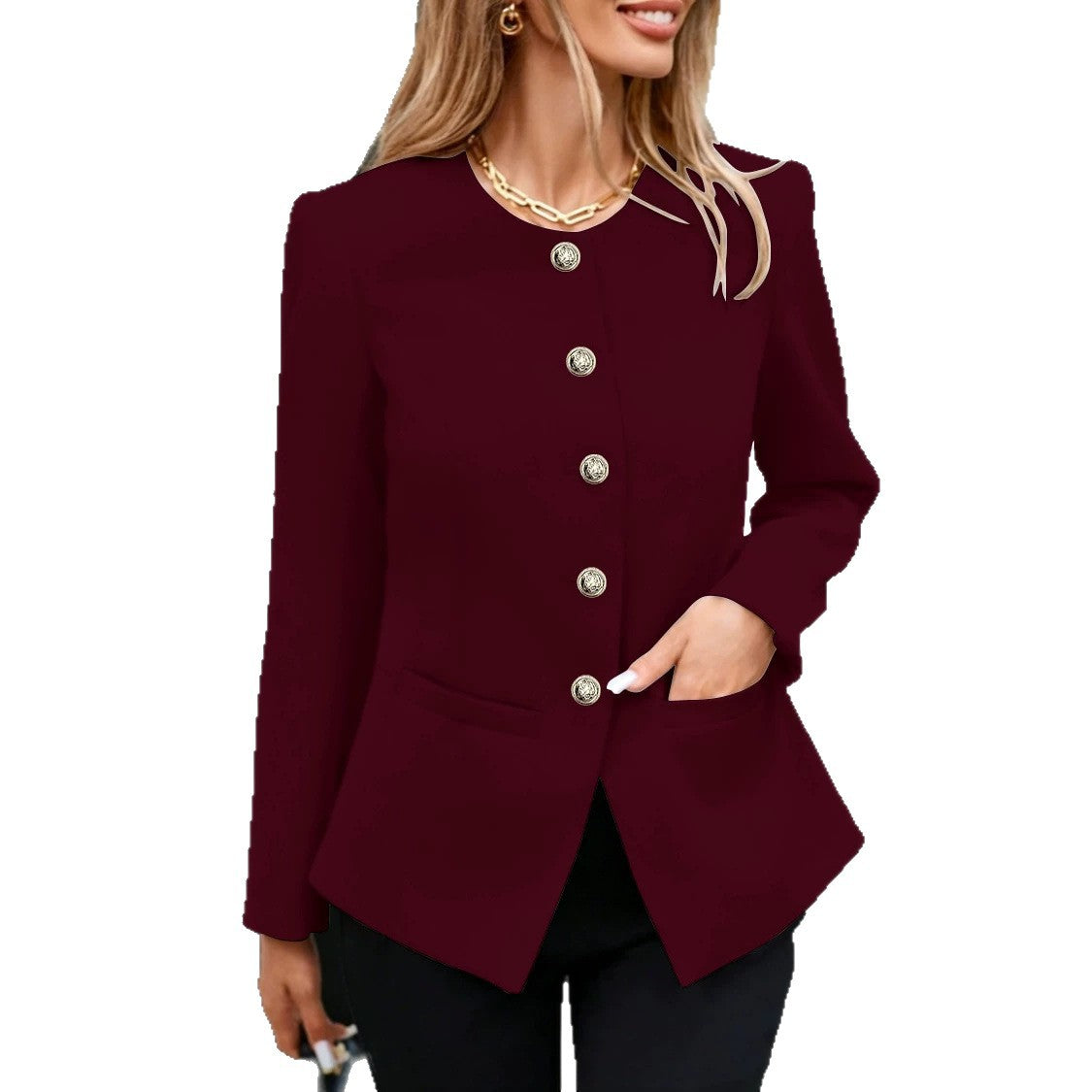 Élégant Col rond Manches longues Pochette boutonnée