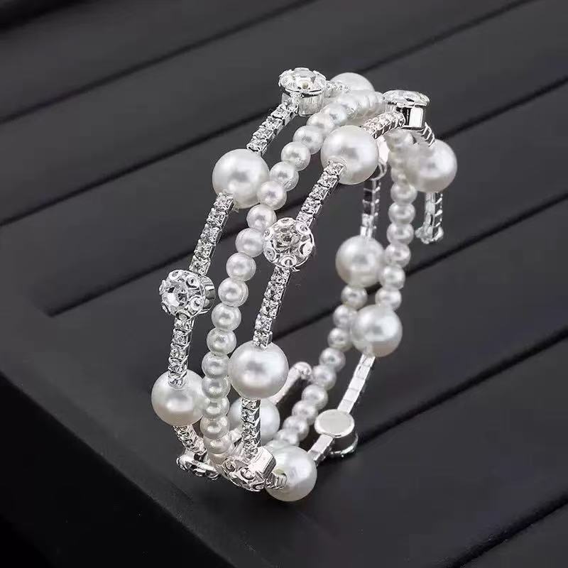 Bijoux de vente chaude Pearl Full Diamond Bracelet élastique Grand Bracelet en Strass Mariage