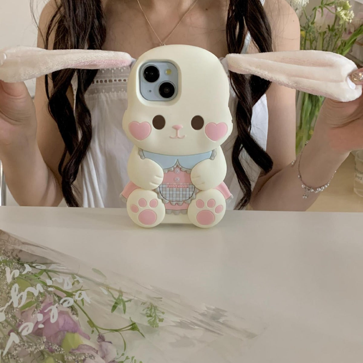 En peluche Button oreille mignon Rabbit Phone Case résistant à la chute