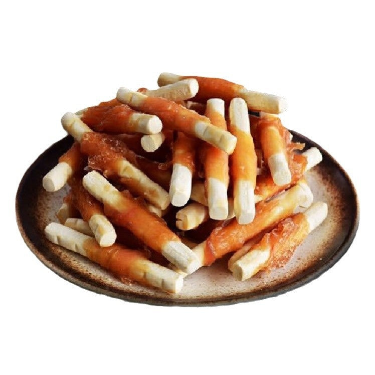 Chien traite les bâtonnets de lait aromatisés au poulet