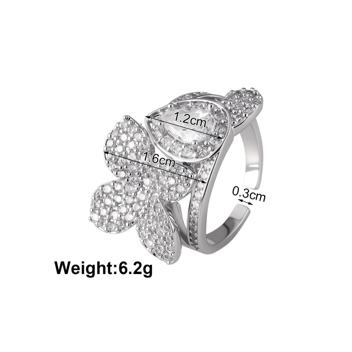 Femmes Poire Florale Halo CZ Anneau ouvert