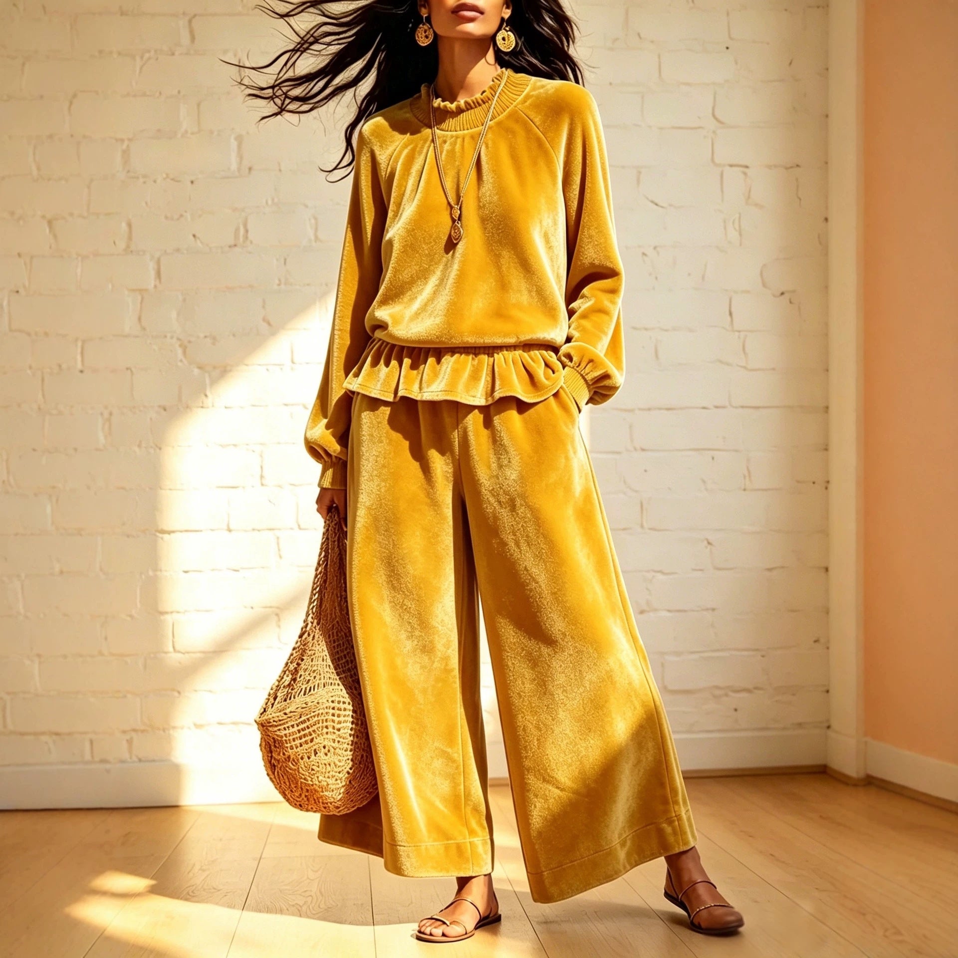 Fashionable femmes Casual Top et large-leg Pantalons ensemble
