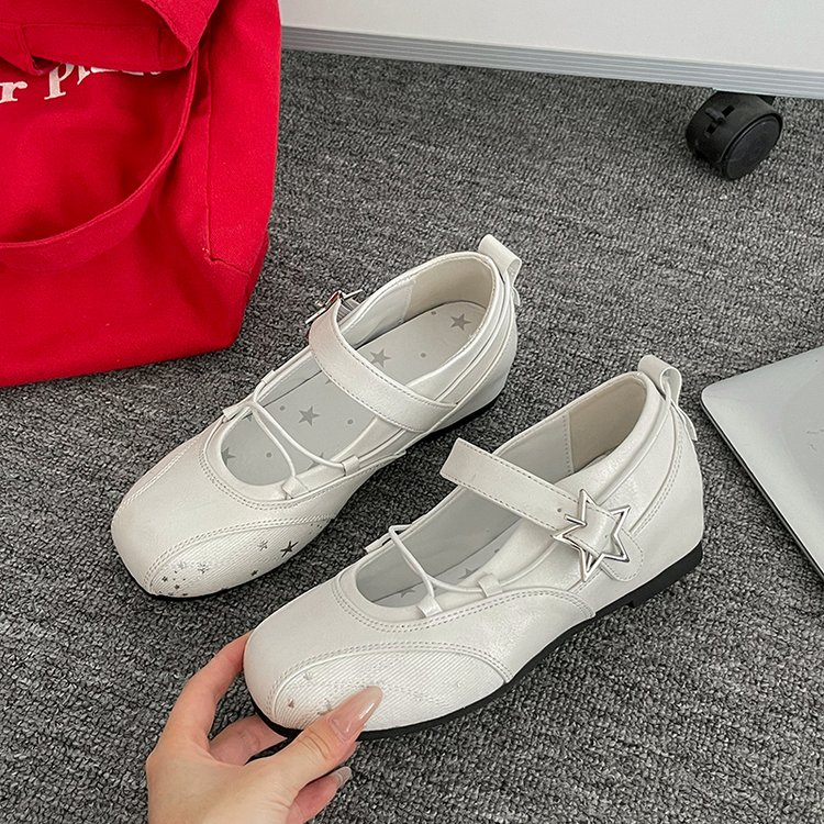 White Star Broderie Mary Jane Appartements Femmes Square Toe Buckle Strap Ballet Chaussures plates