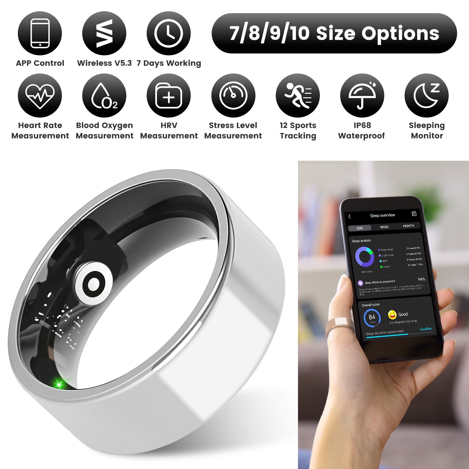 Smart Ring Health Tracker Fitness Sleep Stress HRV Tracker avec charge Cas magnétique Cha
