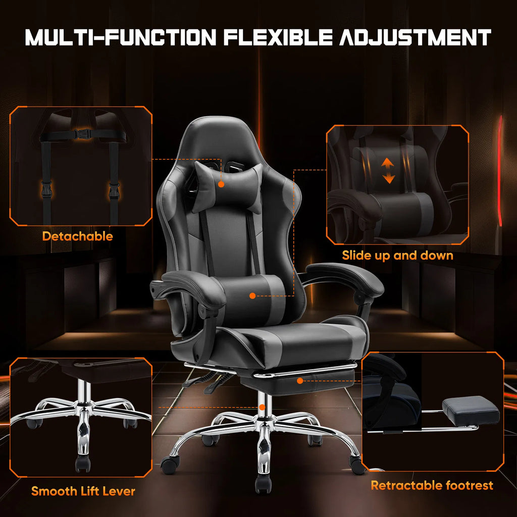 Chaise de bureau de jeu vidéo - Ergonomic Computer avec repose-pieds et lombaire confortable