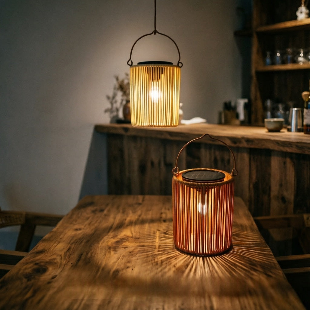 Lumière extérieure ambiante de rotin à énergie solaire